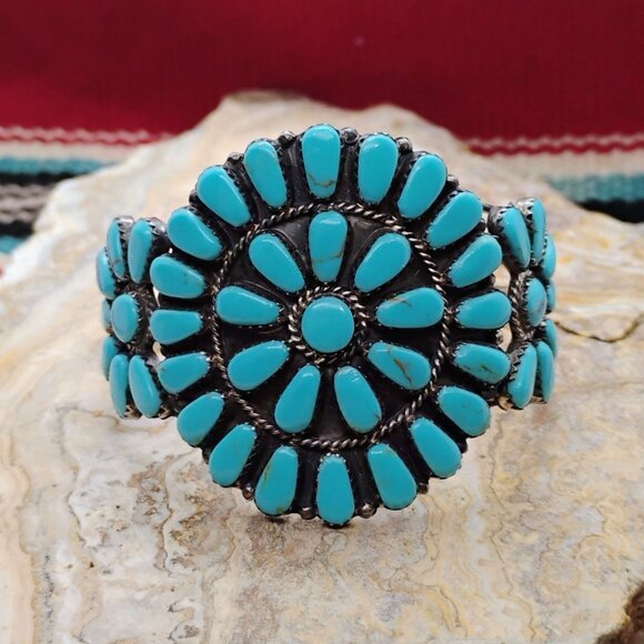 Vtg Native Michael Mendoza Zuni Needlepoint Turquoise Cluster Cuff Bracelet - Picture 1 of 11